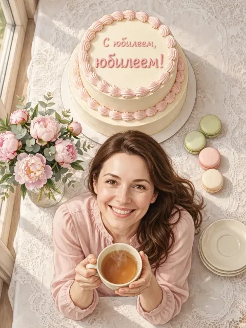 Пример открытки в дизайне «Стол с тортом и кружевом»