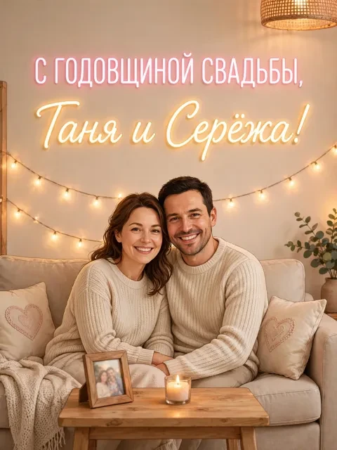 Пример открытки в дизайне «Семейный диван у гирлянд»