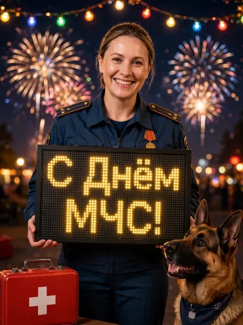 Выбрать дизайн «Спасатель на фоне салюта и гирлянд»