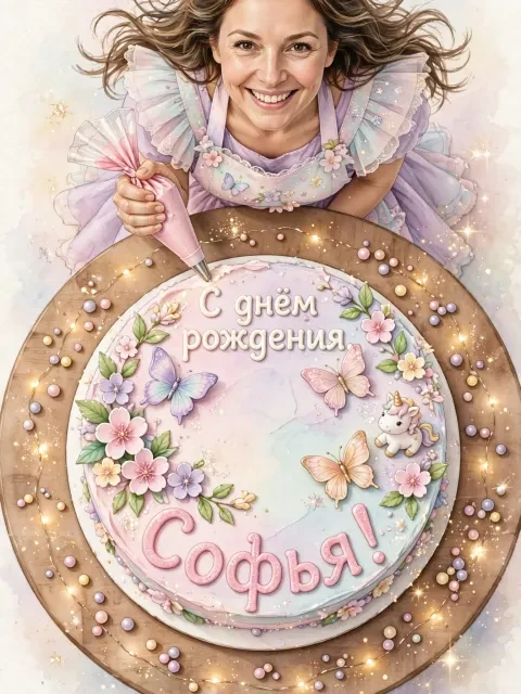 Пример открытки в дизайне «Волшебный торт феи»