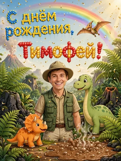 Пример открытки в дизайне «Дино-парк с шарами»