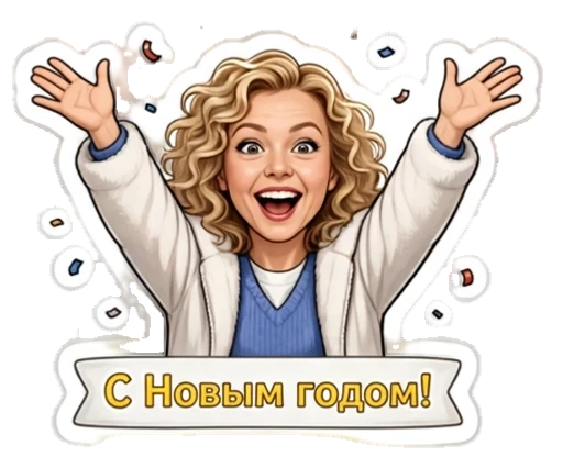 Стикер из фото: Кудрявая говорит «С Новым годом!» — набор «Новый год» для Telegram