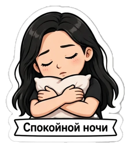 Стикер из фото: Брюнетка желает спокойной ночи — набор «Фразы» для Telegram