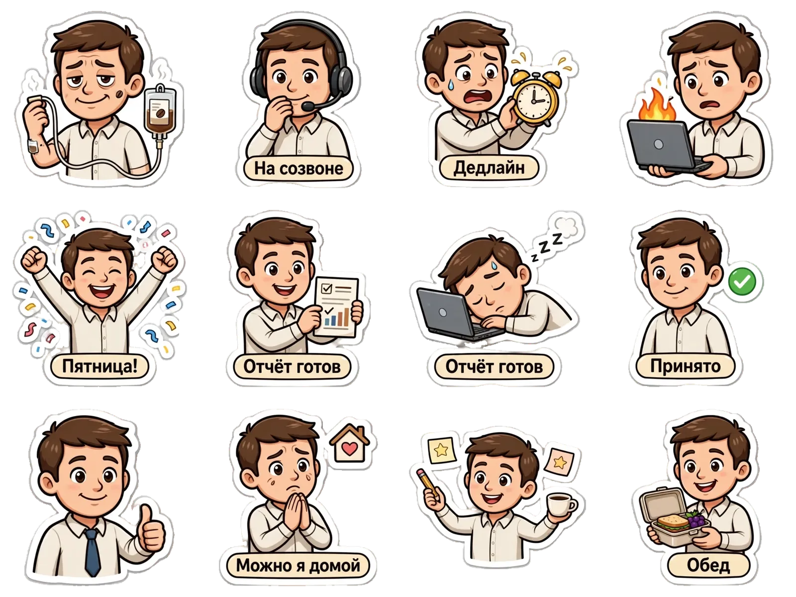 Лист из 12 стикеров набора «Работа» для Telegram