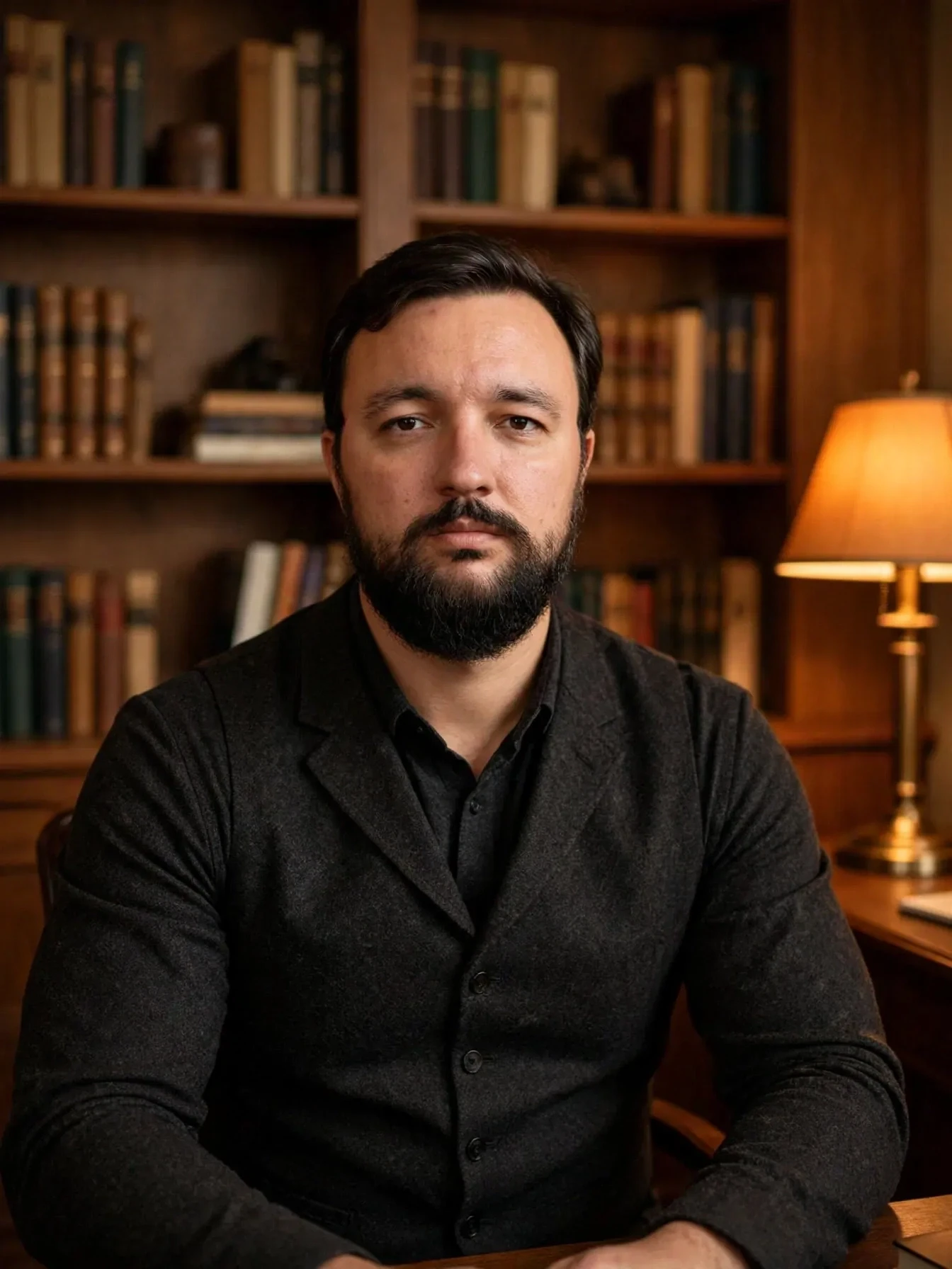 Портрет у книжных полок в кабинете