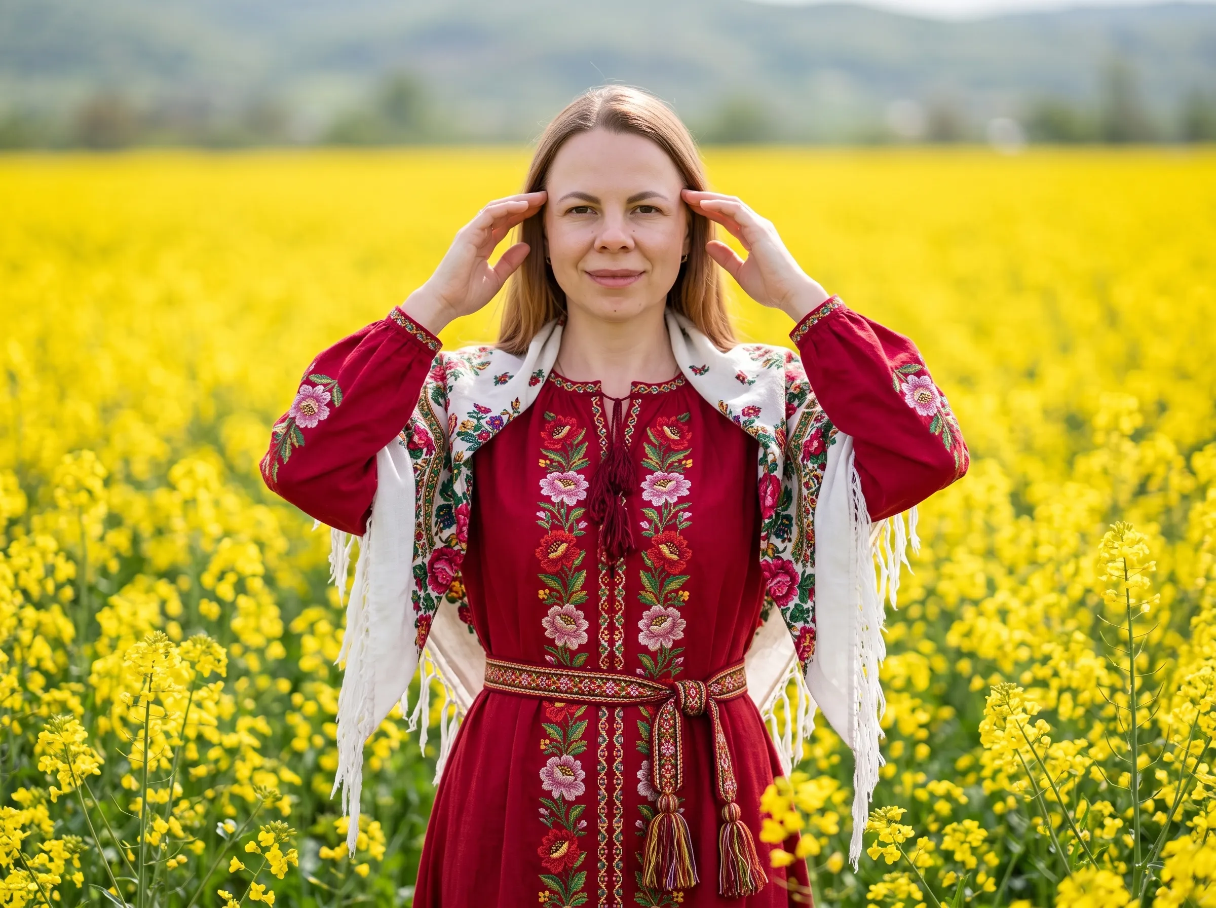 AI-фотосессия «Folklore Editorial in a Yellow Blossom Field»