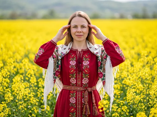 AI-фотосессия «Folklore Editorial in a Yellow Blossom Field»