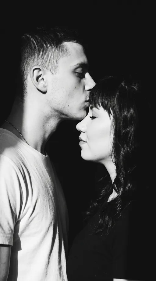 парная AI-фотосессия «Monochrome Forehead Kiss Portrait»