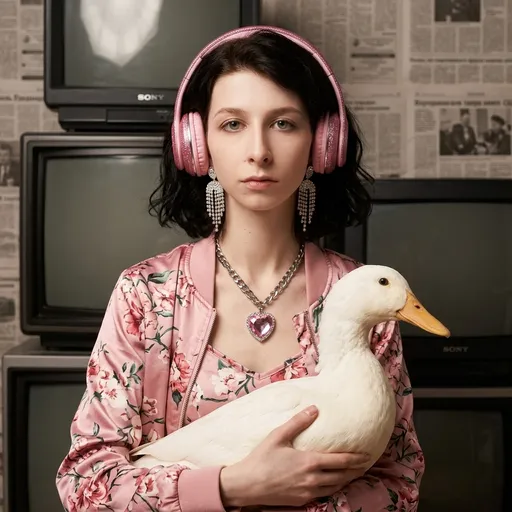 AI-фотосессия «Kitsch Surrealism: The Duck and the Vintage Screens»