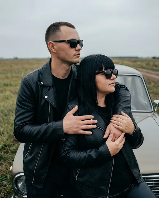 парная AI-фотосессия «Leather Jackets by the Classic Car»