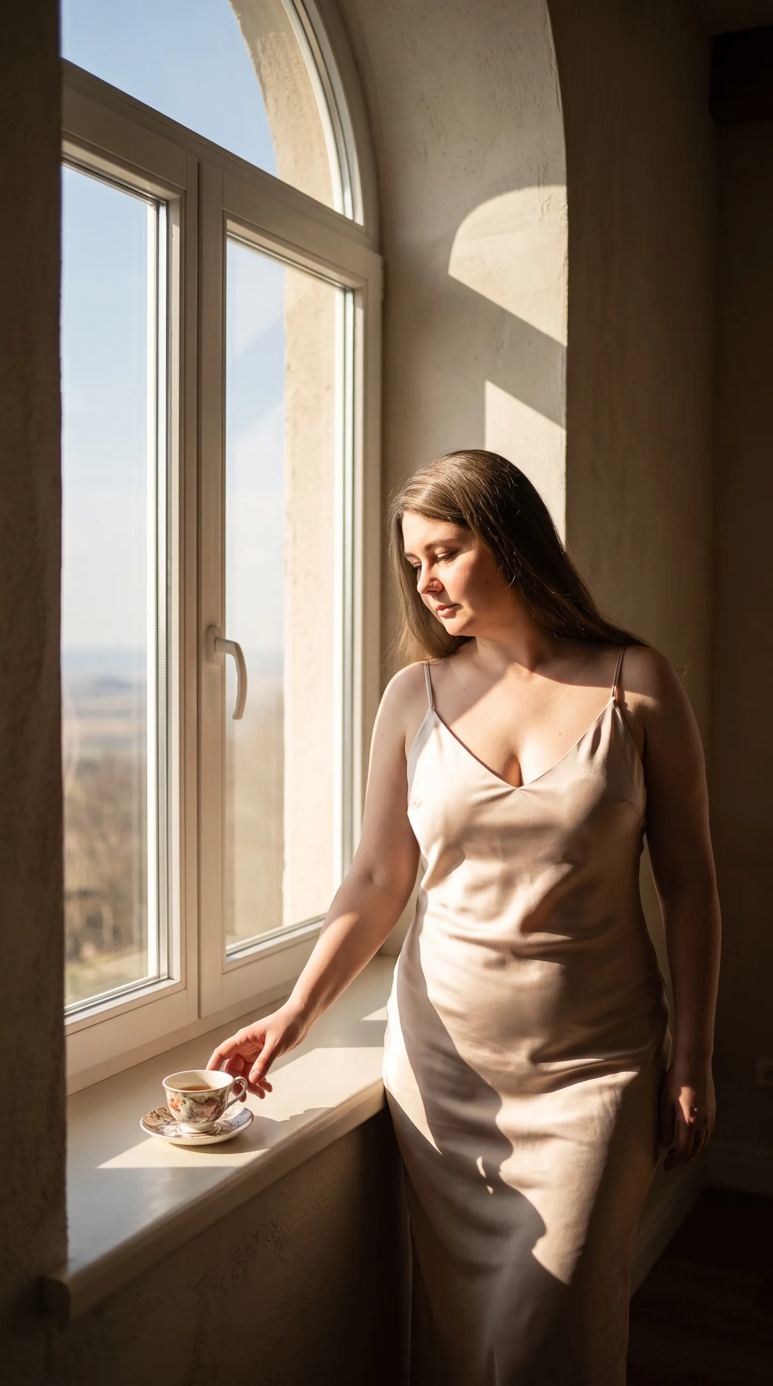 AI photoshoot “Sunlight and Shadow by the Arched Window”