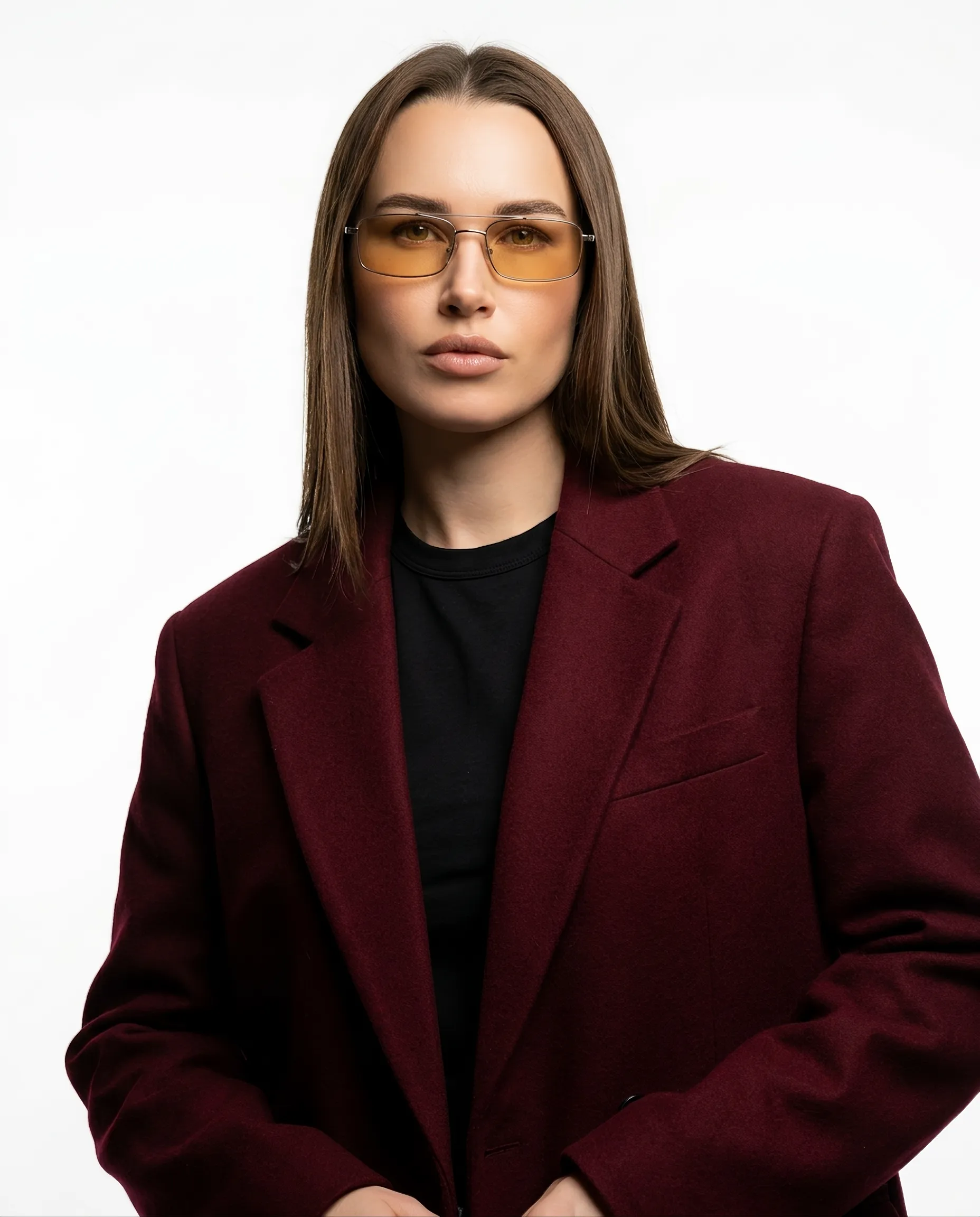 AI-фотосессия «Studio Fashion Portrait in Oversized Burgundy Blazer»