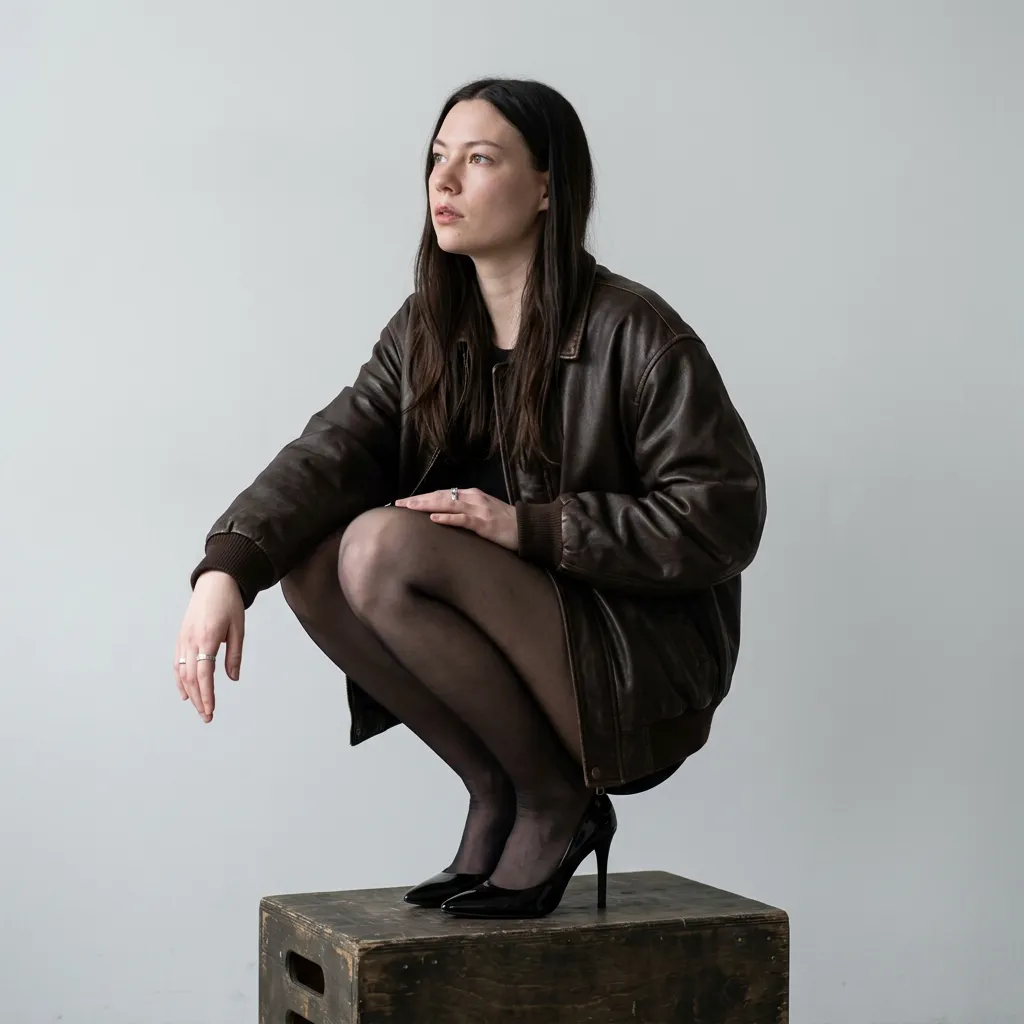 AI-арт «Editorial Studio Portrait in Leather and Sheer Tights»