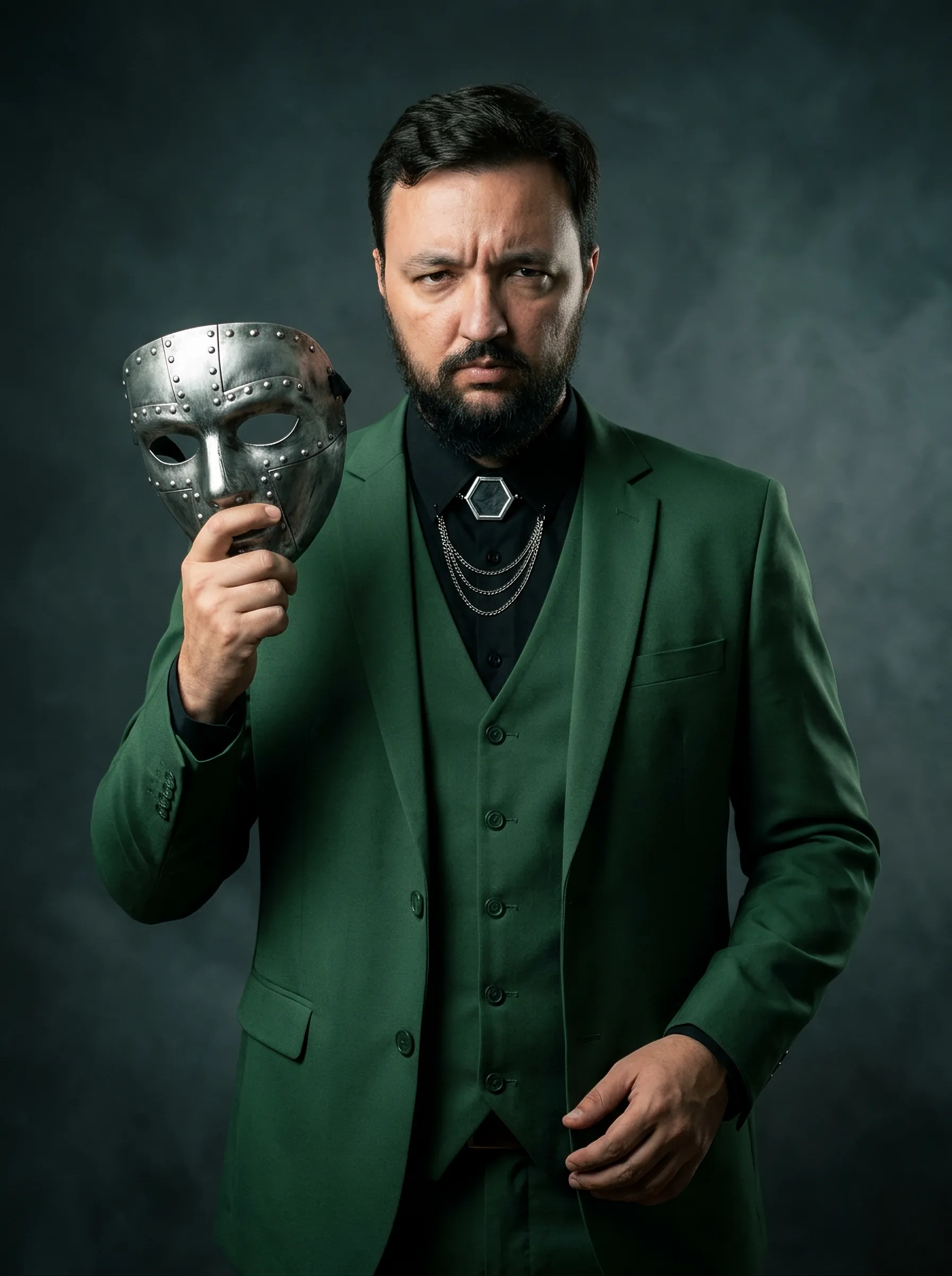 AI-арт «Cinematic Portrait of a Figure in Emerald Green with Metallic Mask»