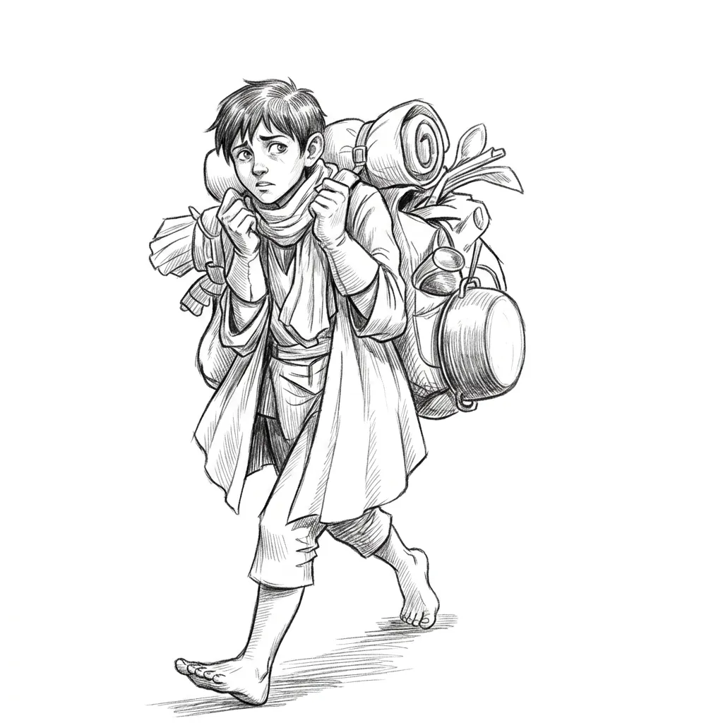 AI-фотосессия «The Reluctant Traveler: Character Concept Sketch»