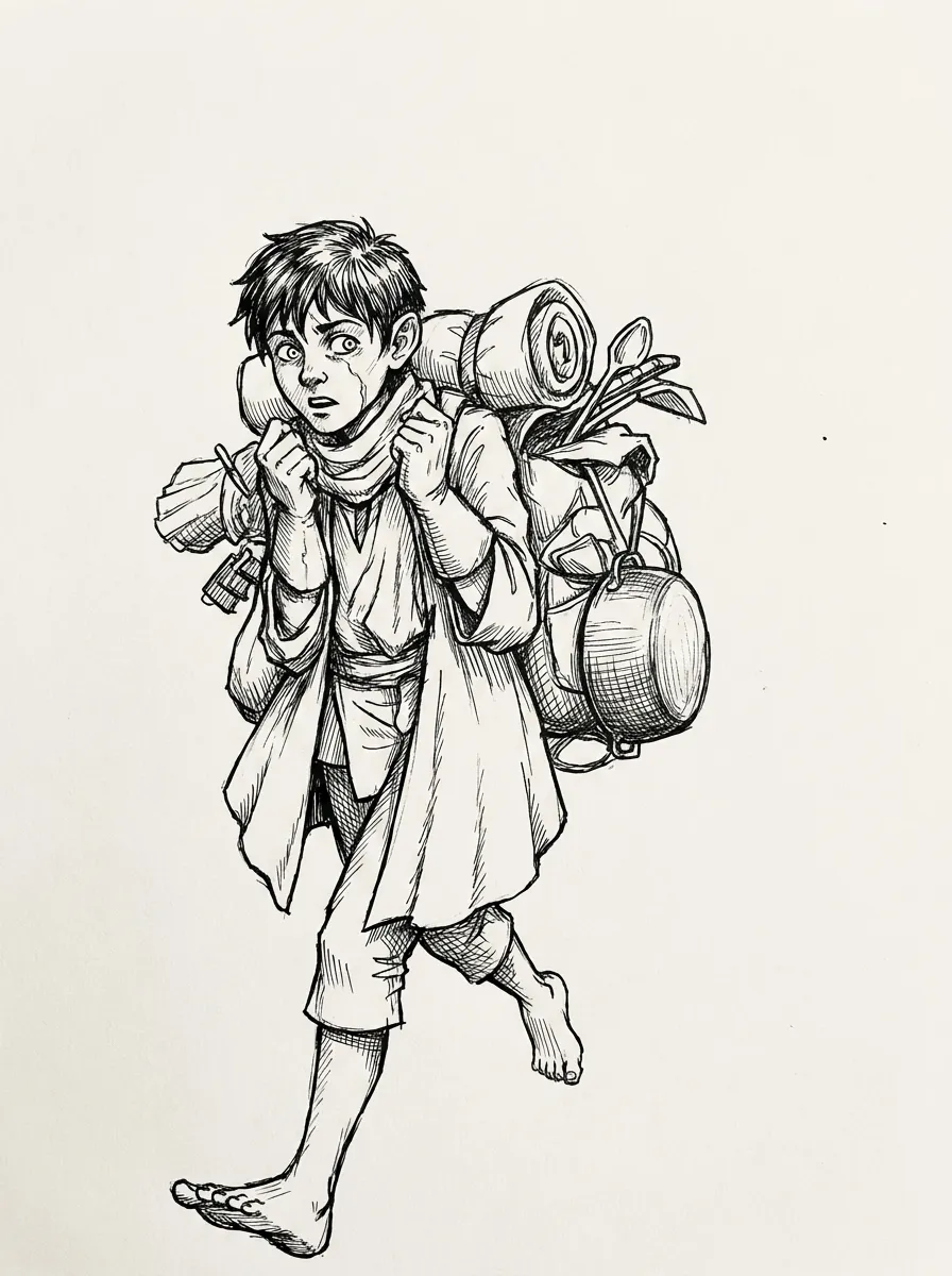 AI-фотосессия «Character Design Sketch of a Burdened Traveler»