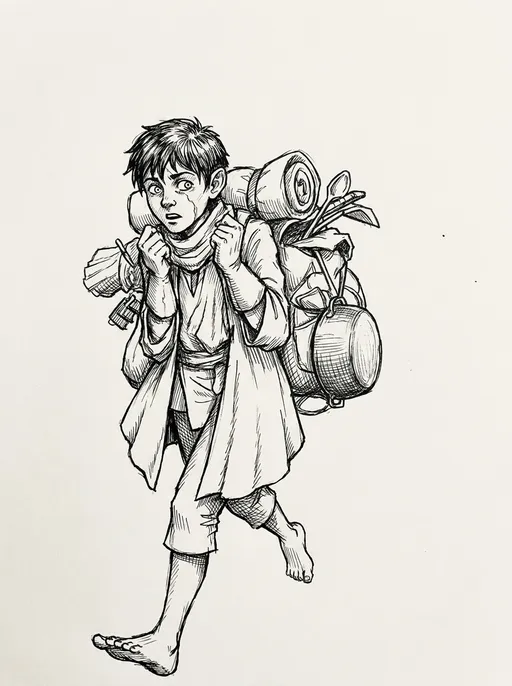 AI-фотосессия «Character Design Sketch of a Burdened Traveler»