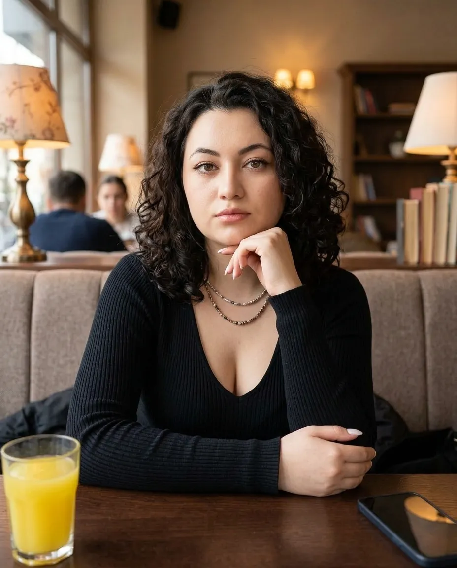 AI-фотосессия «Café Portrait with Yellow Juice»