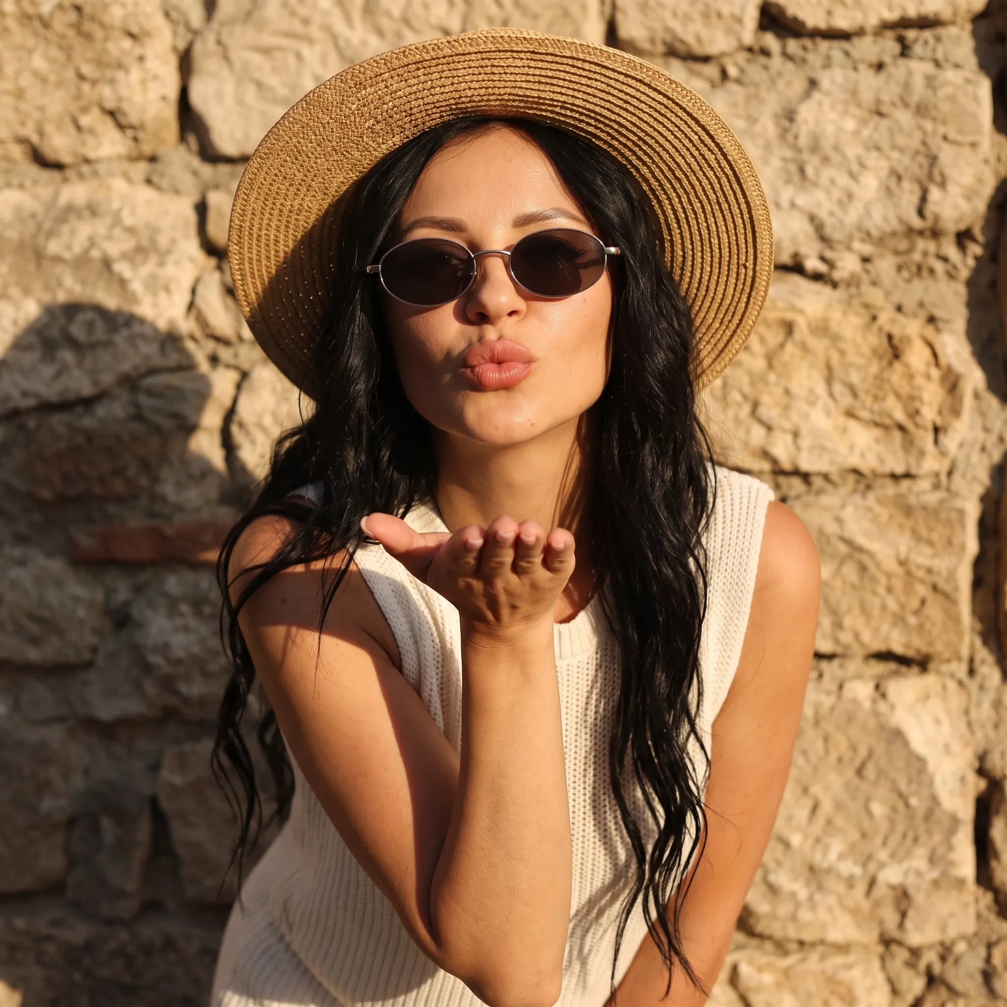 AI photoshoot “Golden Hour Kiss at the Stone Wall”