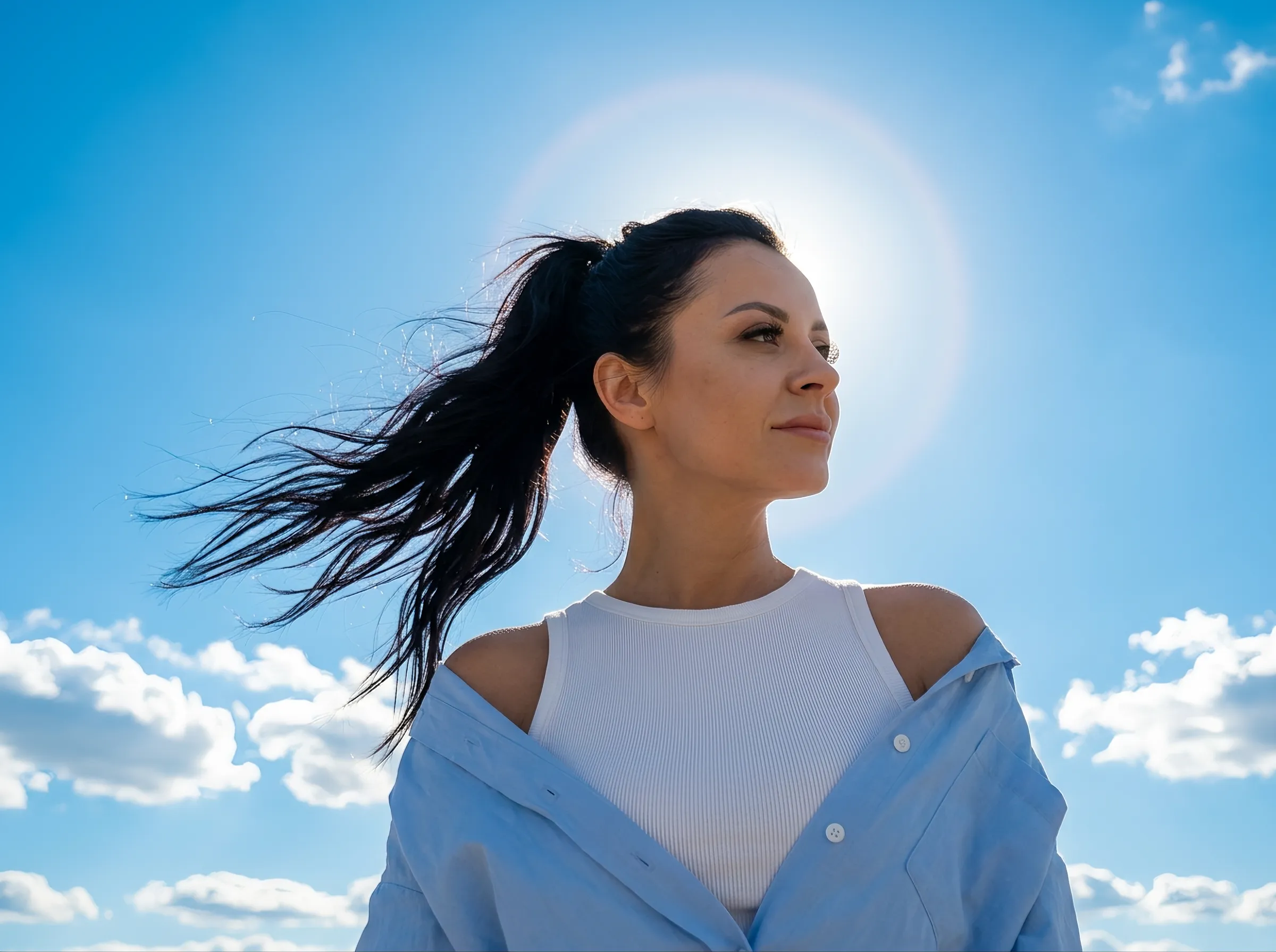 AI-фотосессия «Low-Angle Outdoor Portrait in Direct Sunlight»